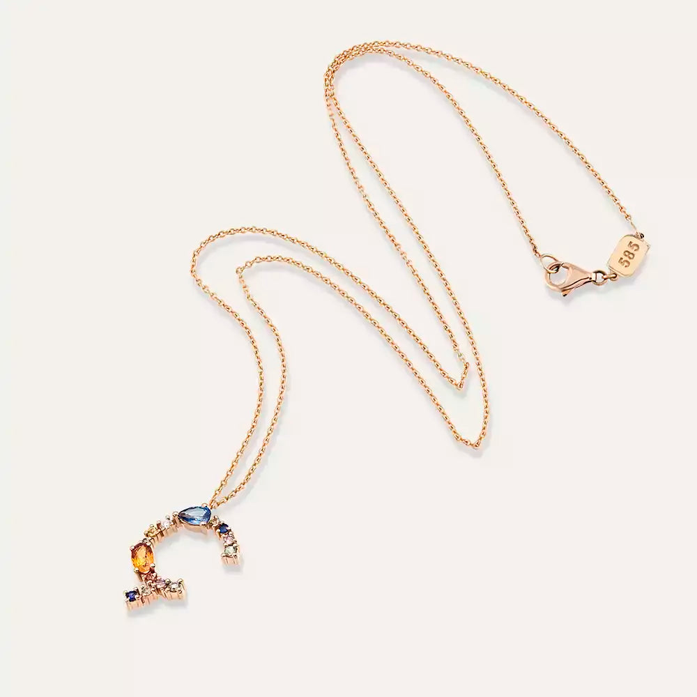 Ç Harf Brown Pırlanta ve Multicolor Safir Taşlı Rose Altın Kolye