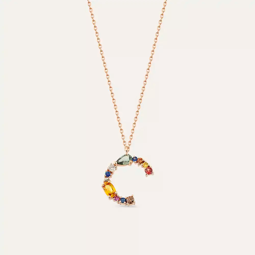 C Harf Brown Pırlanta ve Multicolor Safir Taşlı Rose Altın Kolye