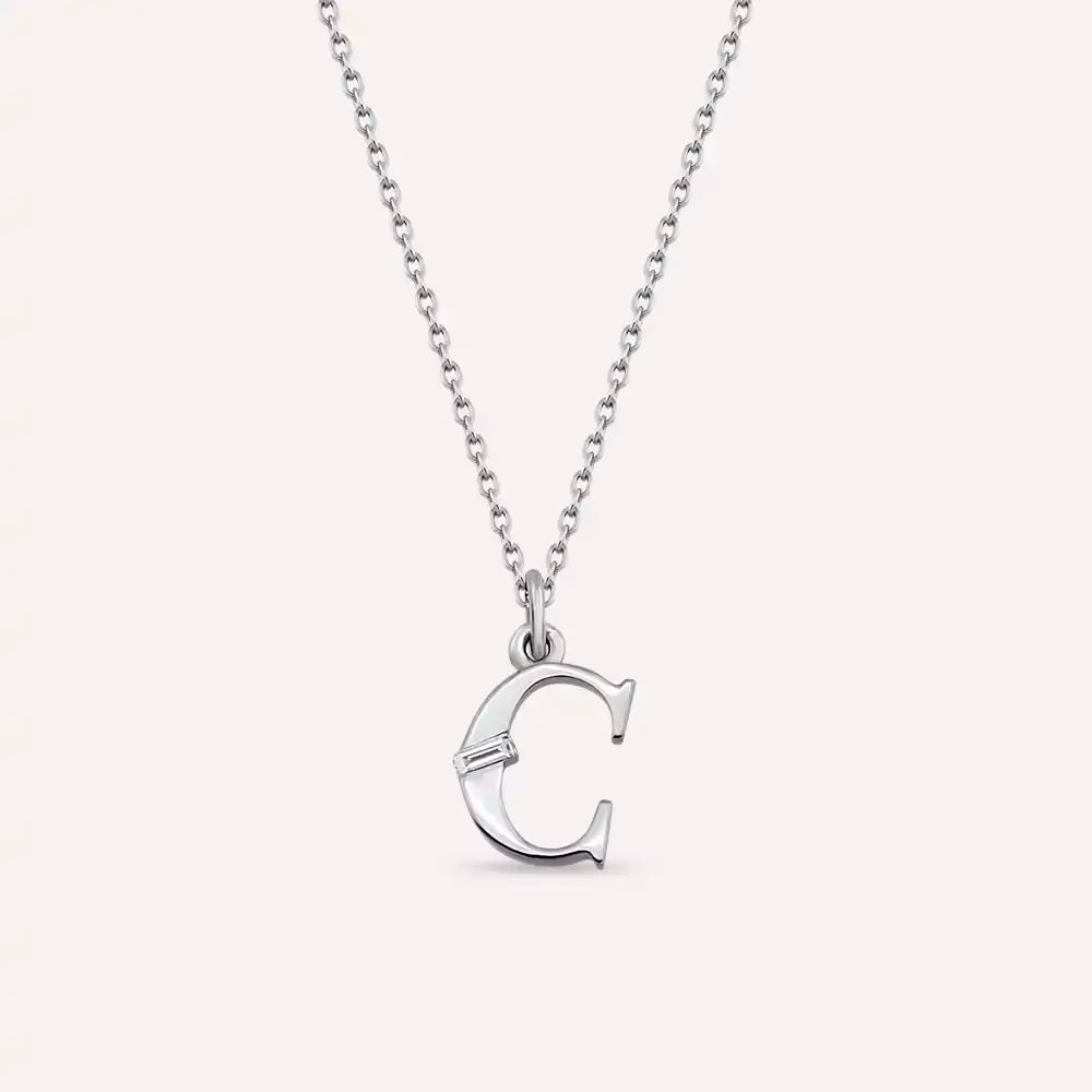 C Harf Pırlanta Taşlı Beyaz Altın Kolye