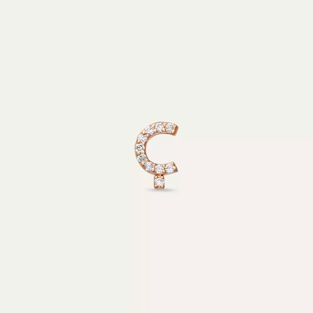 Ç Harf Pırlanta Taşlı Rose Altın Tek Küpe