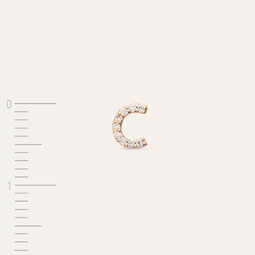 C Harf Pırlanta Taşlı Rose Altın Tek Küpe