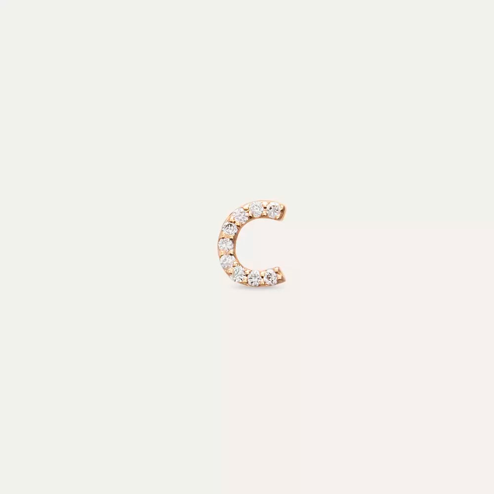 C Harf Pırlanta Taşlı Rose Altın Tek Küpe