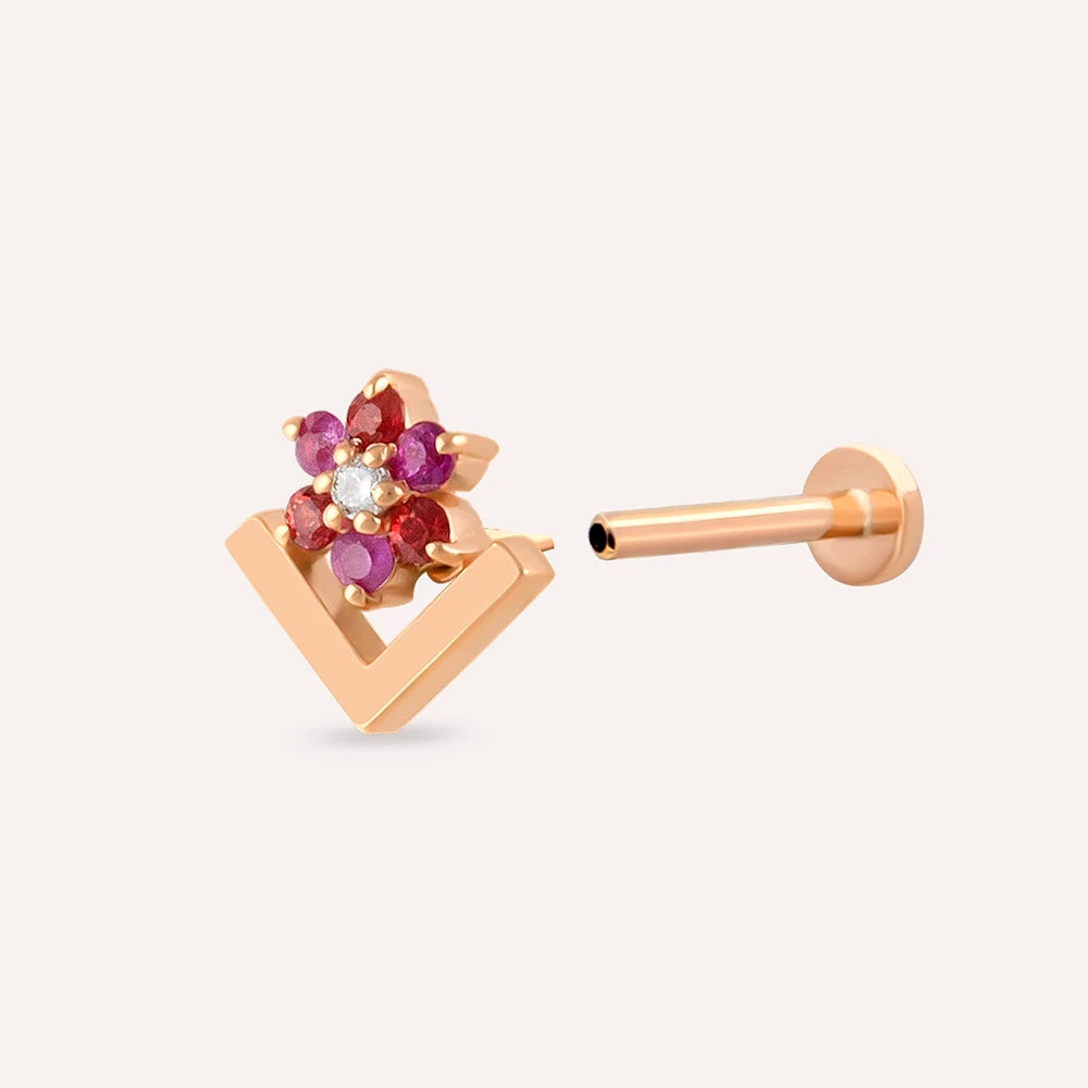 Camelia Multicolor Safir ve Pırlanta Taşlı Rose Altın Piercing