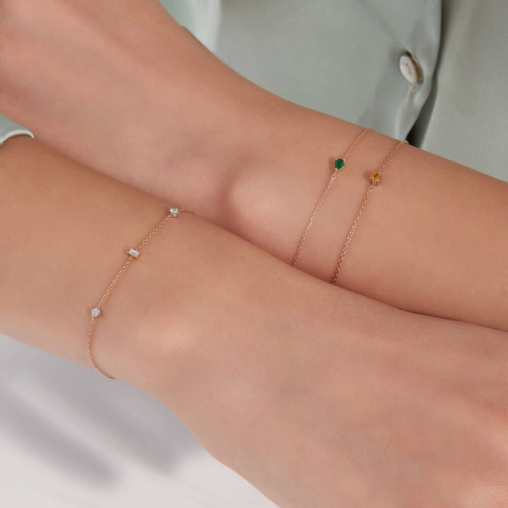 Cara 0.15 CT Baget Kesim Pırlanta Taşlı Rose Altın Bileklik