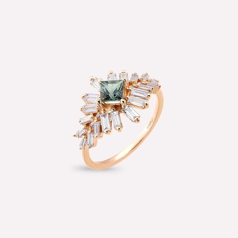 Chic 1.32 CT Green Safir ve Baget Pırlanta Taşlı Rose Altın Yüzük - Tufanlar Kuyumculuk