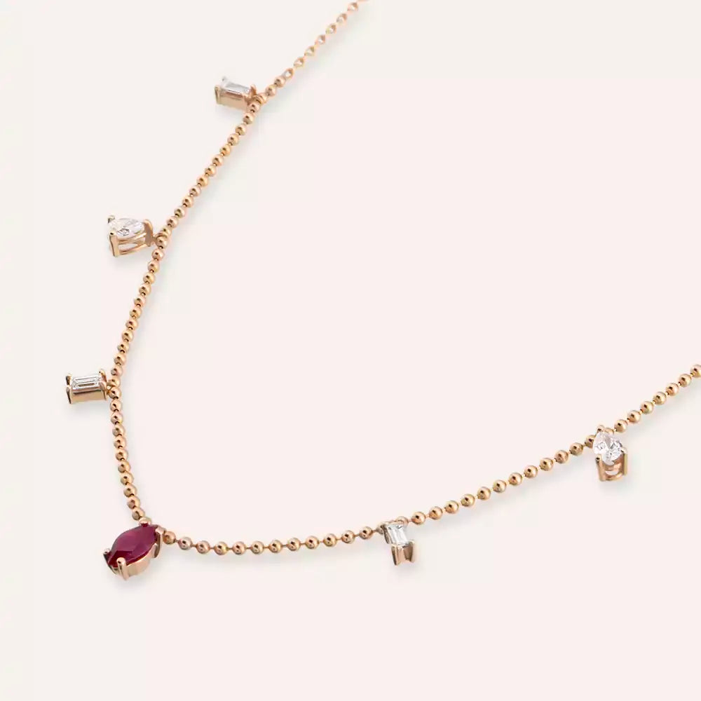 Chic Yakut ve Pırlanta Taşlı Rose Altın Kolye