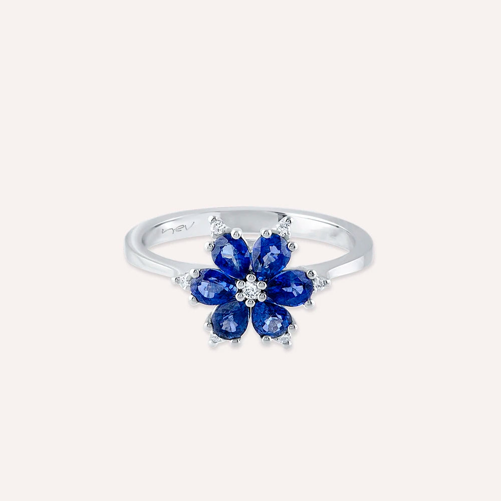 Clematis 1.27 CT Safir ve Pırlanta Taşlı Beyaz Altın Yüzük