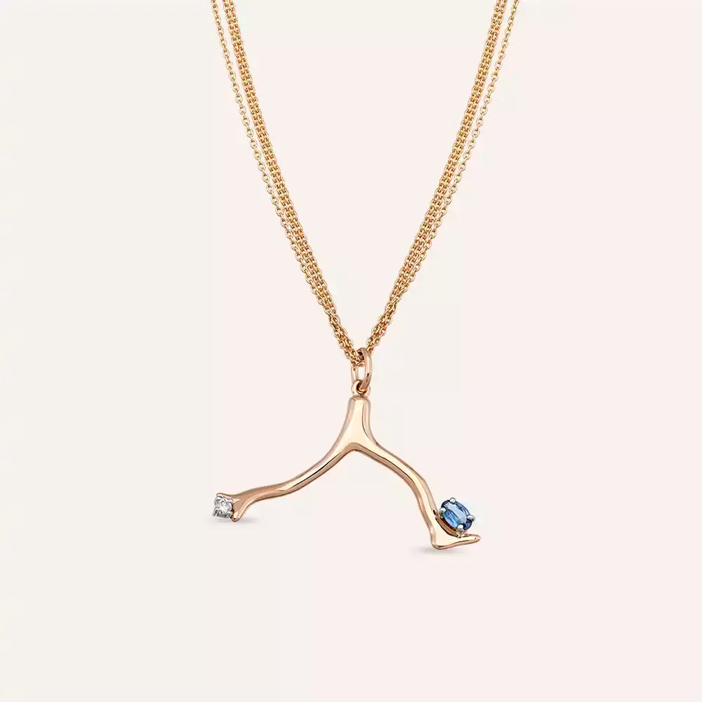 Coral Blue Safir ve Pırlanta Taşlı Rose Altın Kolye