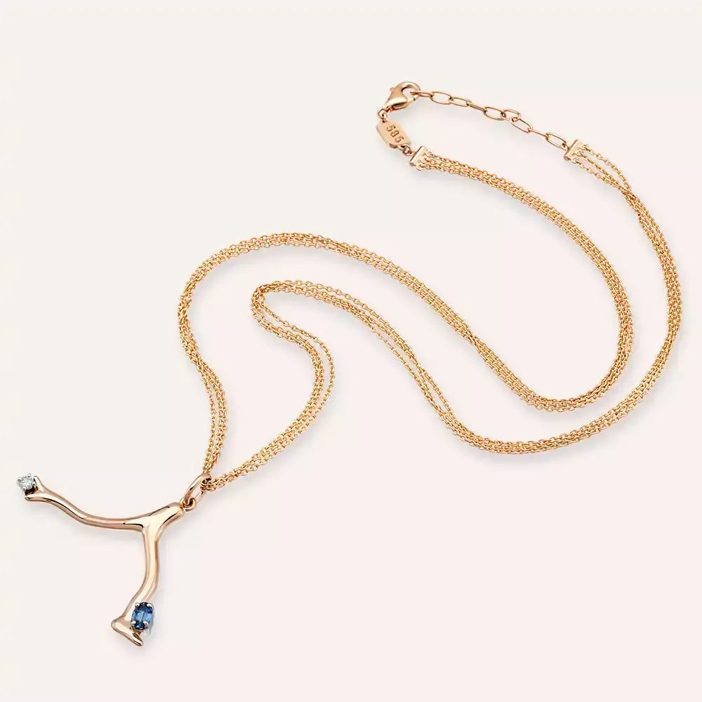 Coral Blue Safir ve Pırlanta Taşlı Rose Altın Kolye
