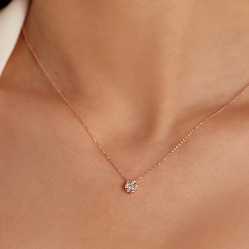 Coronet 0.18 CT Pırlanta Taşlı Rose Altın Çiçek Kolye - Tufanlar Kuyumculuk