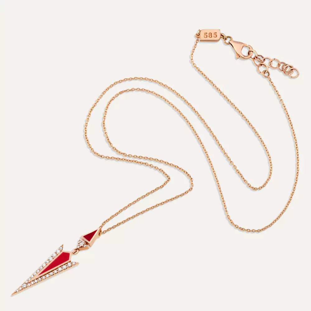 Corvus Pırlanta Taşlı ve Kırmızı Mineli Rose Altın Kolye