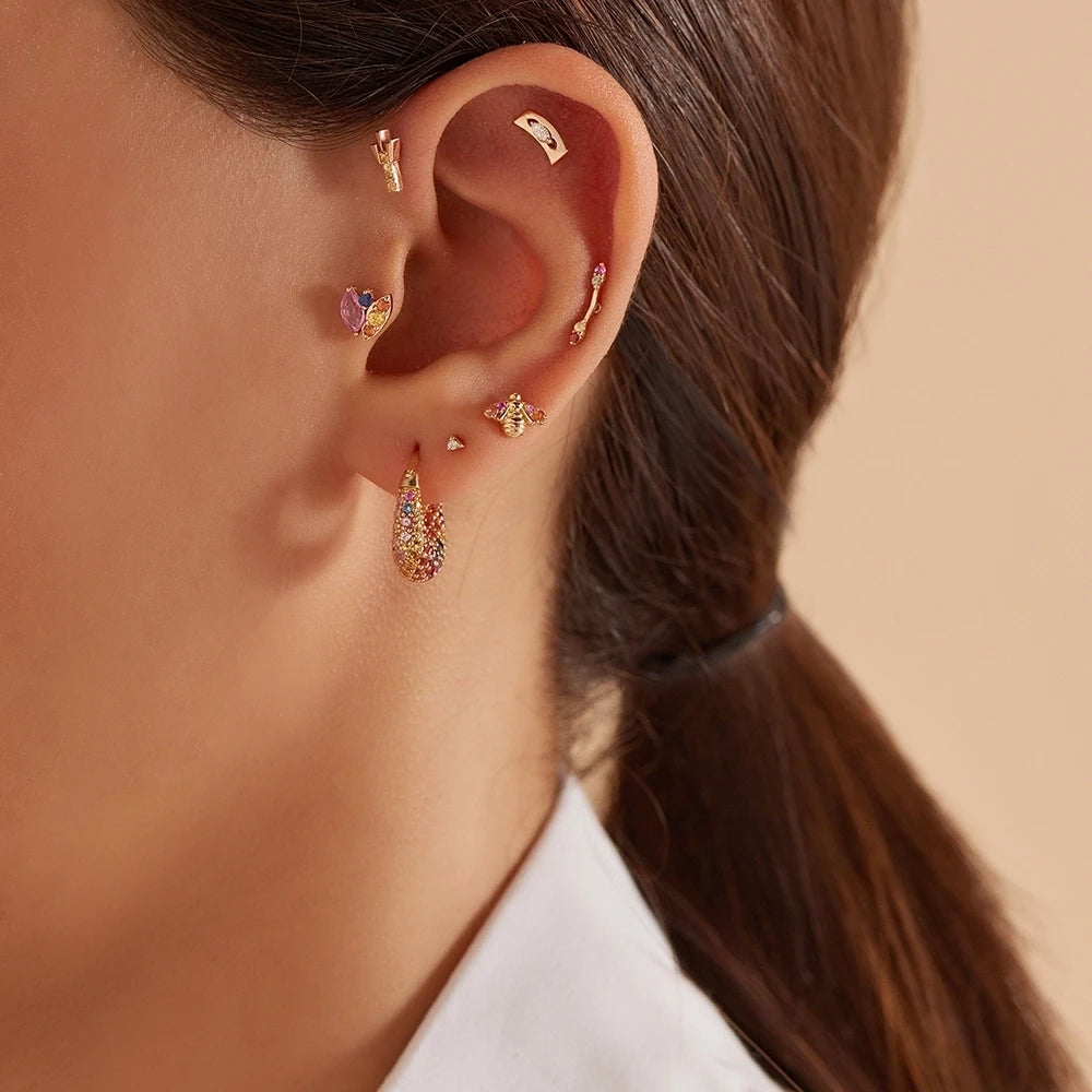 Curve Markiz Kesim Pırlanta Taşlı Rose Altın Piercing