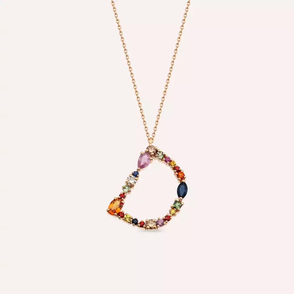 D Harf Multicolor Safir ve Brown Pırlanta Taşlı Rose Altın Kolye