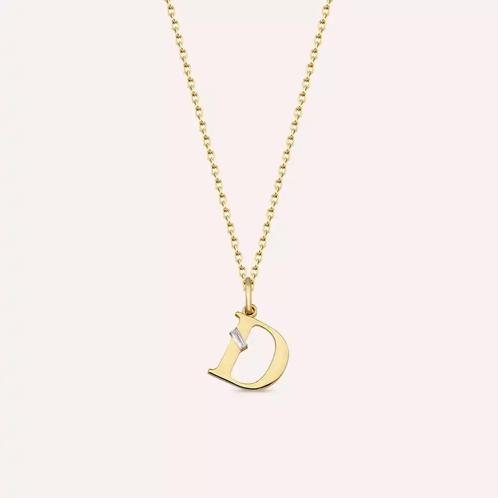 D Harf Pırlanta Taşlı Sarı Altın Kolye