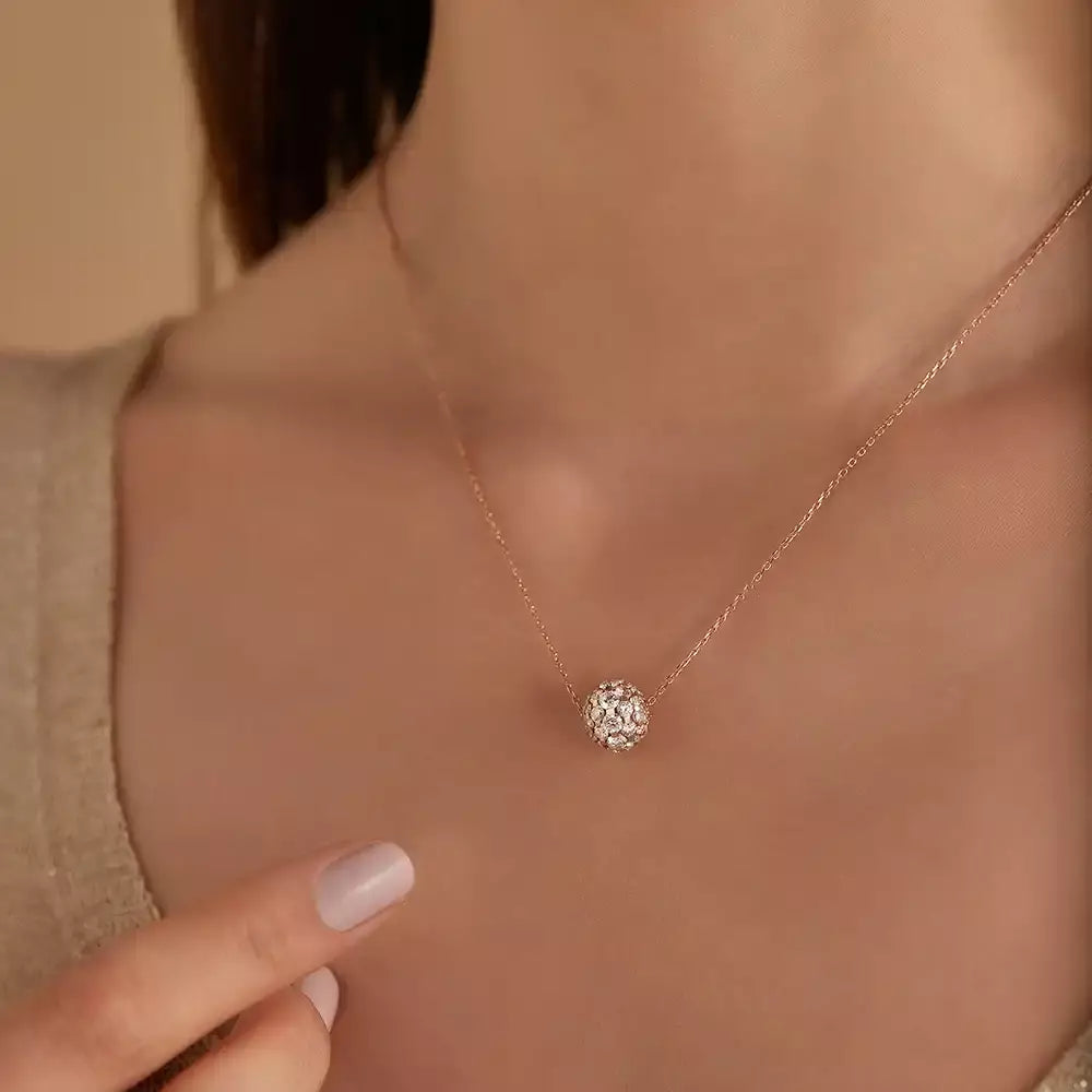 Disco Pırlanta Taşlı Rose Altın Top Kolye