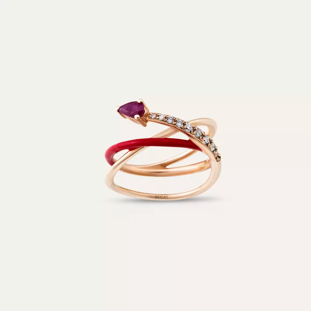 Donel Yakut Taşlı ve Kırmızı Mineli Rose Altın Yüzük