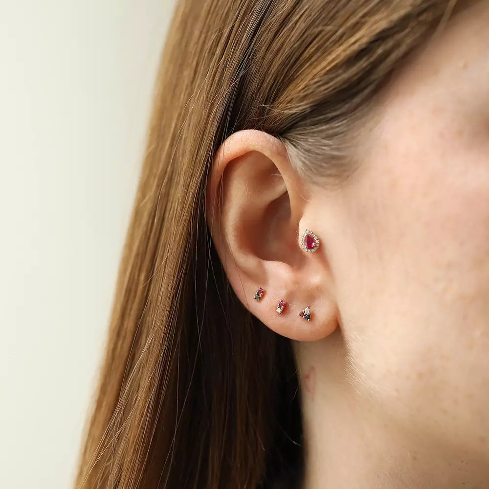 Drop Damla Kesim Yakut ve Pırlanta Taşlı Rose Altın Piercing