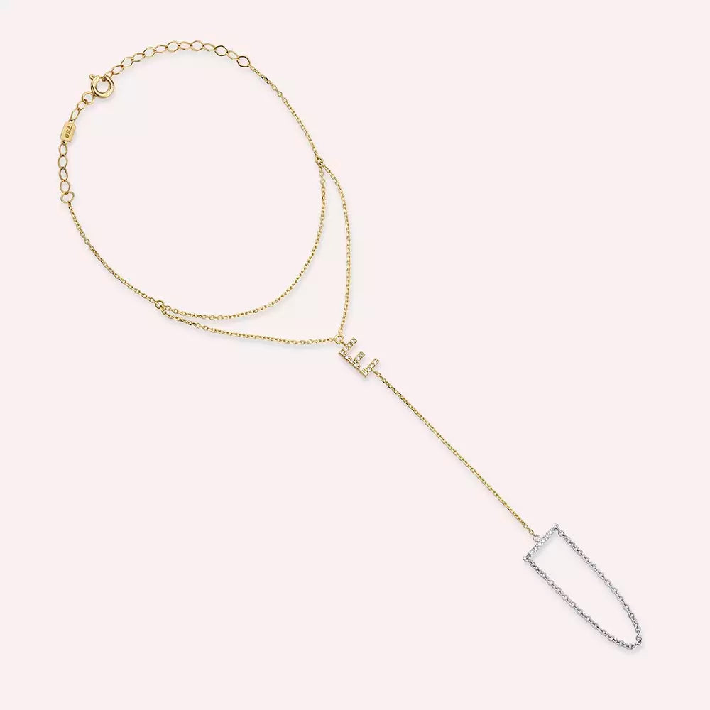 E Harf Pırlanta Taşlı Sarı ve Beyaz Altın Şahmeran