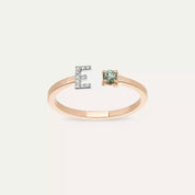 E Harf Pırlanta ve Green Safir Taşlı Rose Altın Yüzük