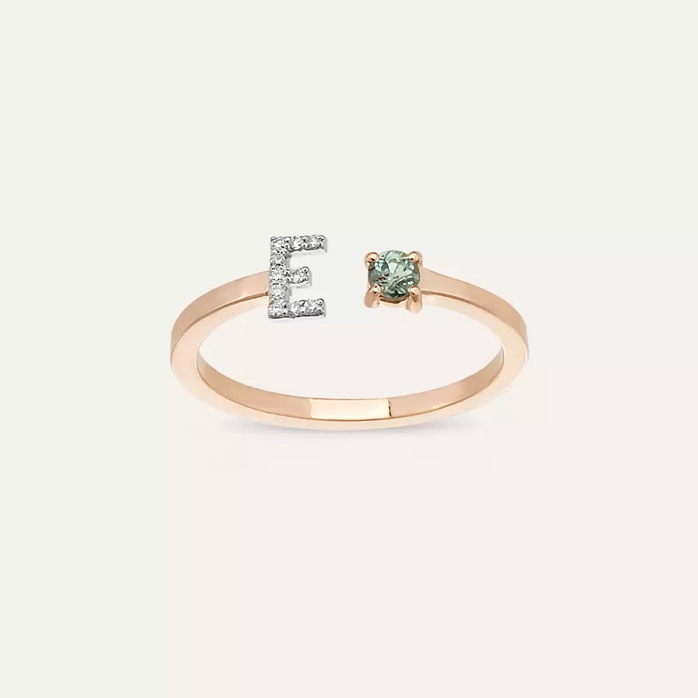 E Harf Pırlanta ve Green Safir Taşlı Rose Altın Yüzük