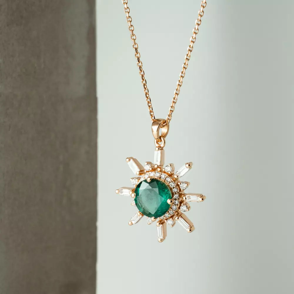 Eclipse Zümrüt ve Pırlanta Taşlı Rose Altın Kolye