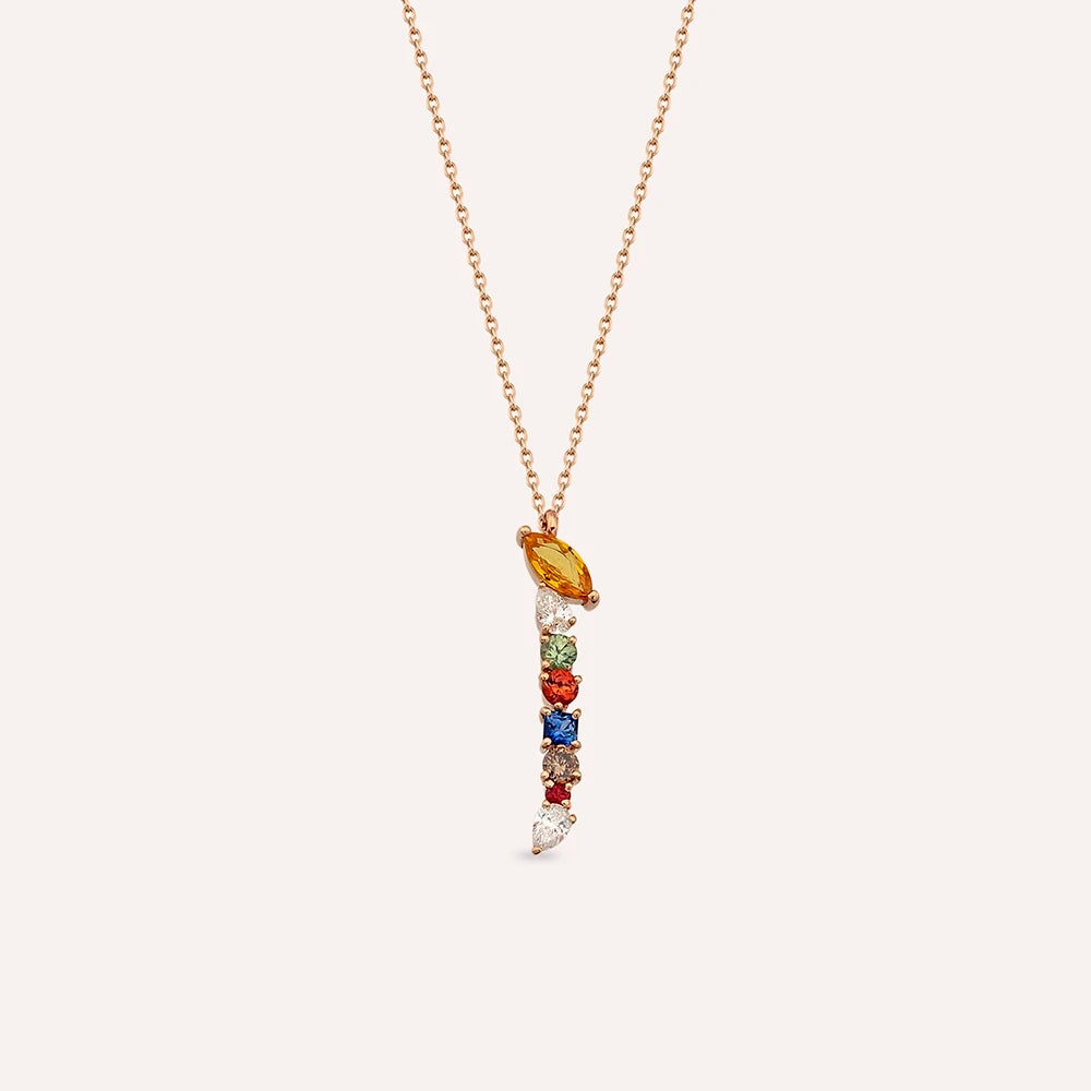 ا Elif Harf 0.76 CT Pırlanta ve Multicolor Safir Taşlı Rose Altın Kolye