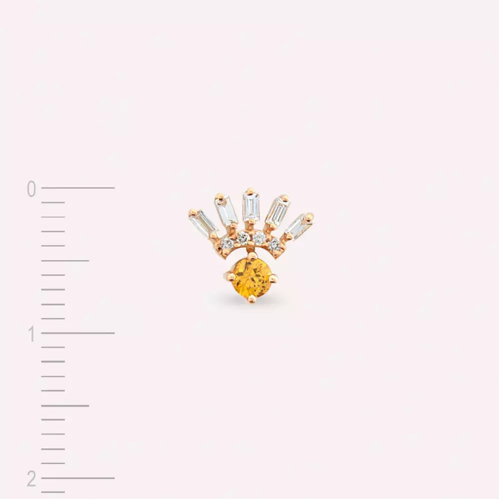 Enif Yellow Safir ve Baget Kesim Pırlanta Taşlı Rose Altın Tek Küpe