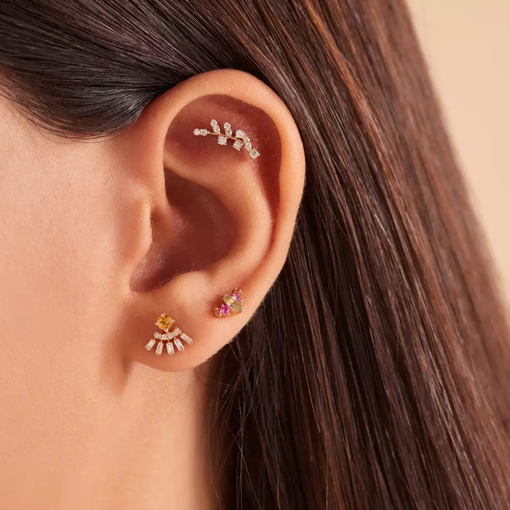 Dawn Yellow Safir ve Baget Kesim Pırlanta Taşlı Rose Altın Tek Küpe