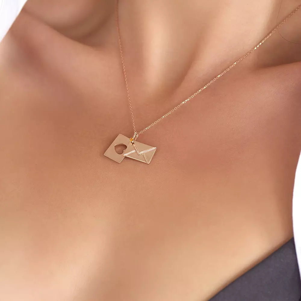 Envelope Yellow Safir Taşlı Rose Altın Kolye