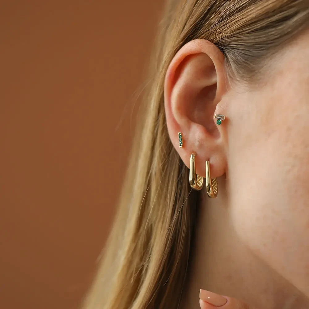 Eva Zümrüt ve Pırlanta Taşlı Sarı Altın Piercing