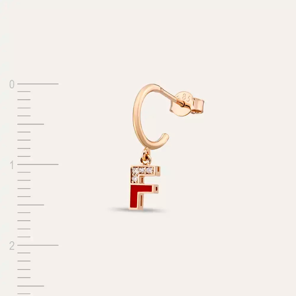 F Harf Kırmızı Mineli ve Pırlanta Taşlı Tek Küpe