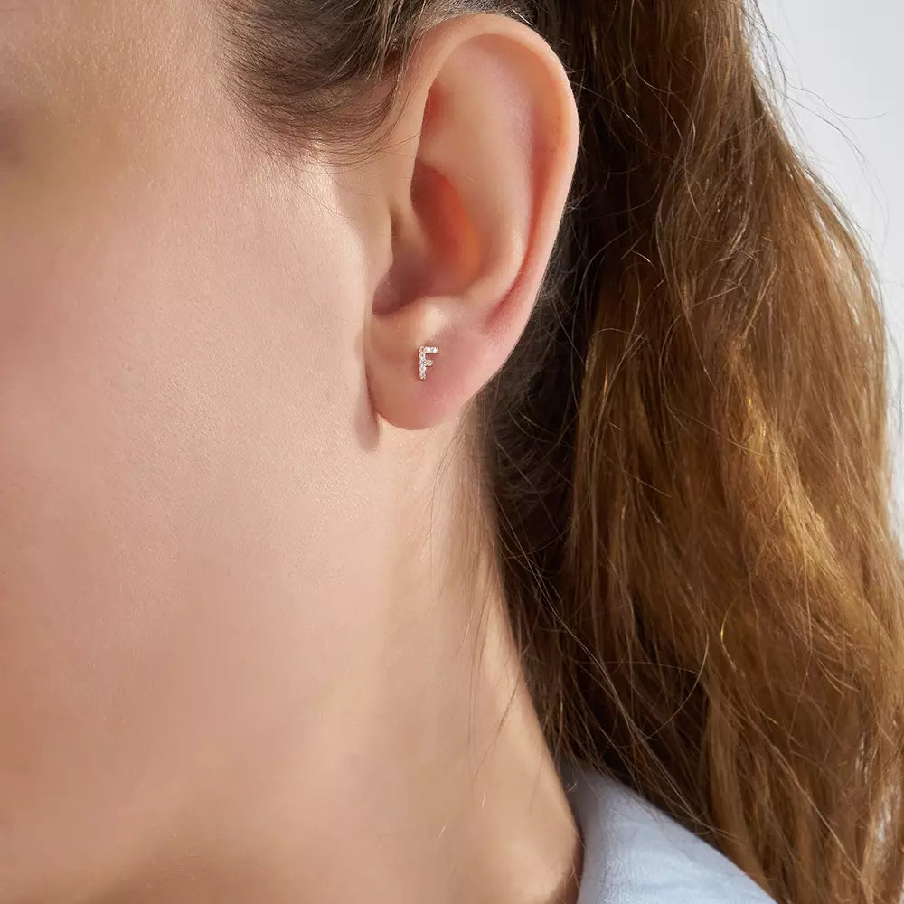 F Harf Pırlanta Taşlı Rose Altın Tek Küpe