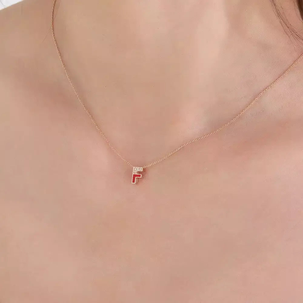 F Harf Pırlanta Taşlı ve Bordo Mineli Rose Altın Kolye