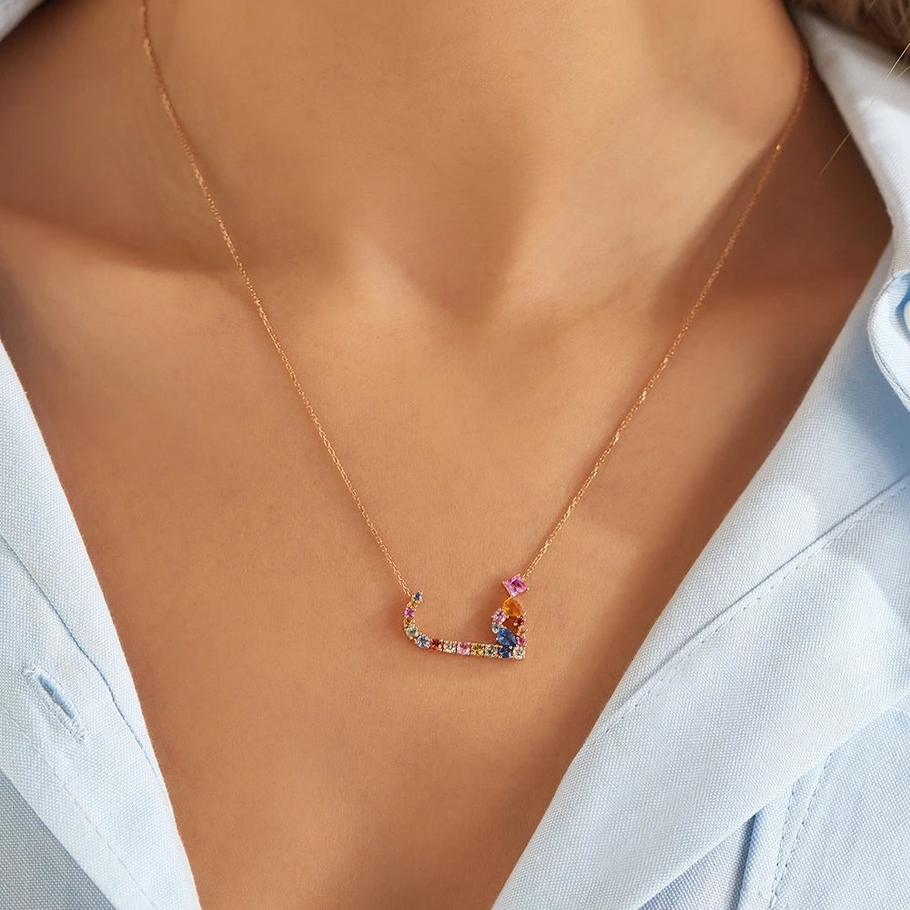 ف Fe Harf 1.48 CT Pırlanta ve Multicolor Safir Taşlı Rose Altın Kolye