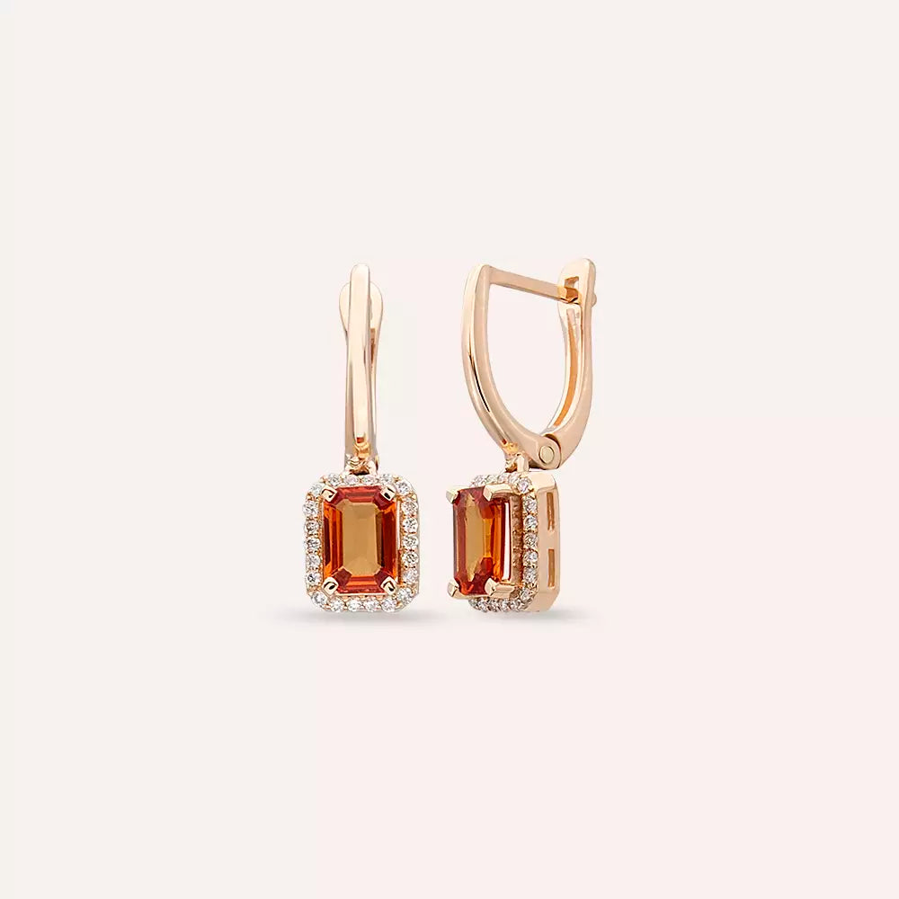 Fina Orange Safir ve Pırlanta Taşlı Rose Altın Küpe