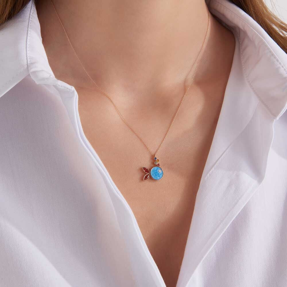 Fish 0.38 CT Multicolor Safir ve Pırlanta Taşlı Mavi Mineli Balık Kolye