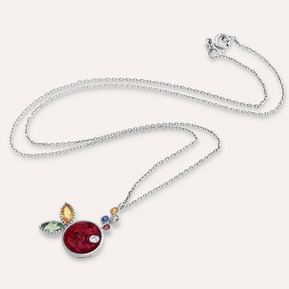 Fish 0.47 CT Multicolor Safir Taşlı ve Kırmızı Mineli Beyaz Altın Kolye