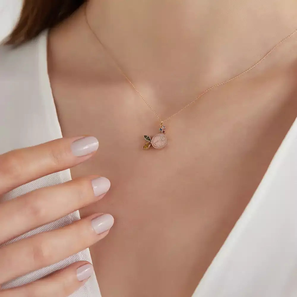 Fisht Multicolor Safir Taşlı ve Pembe Mineli Rose Altın Kolye