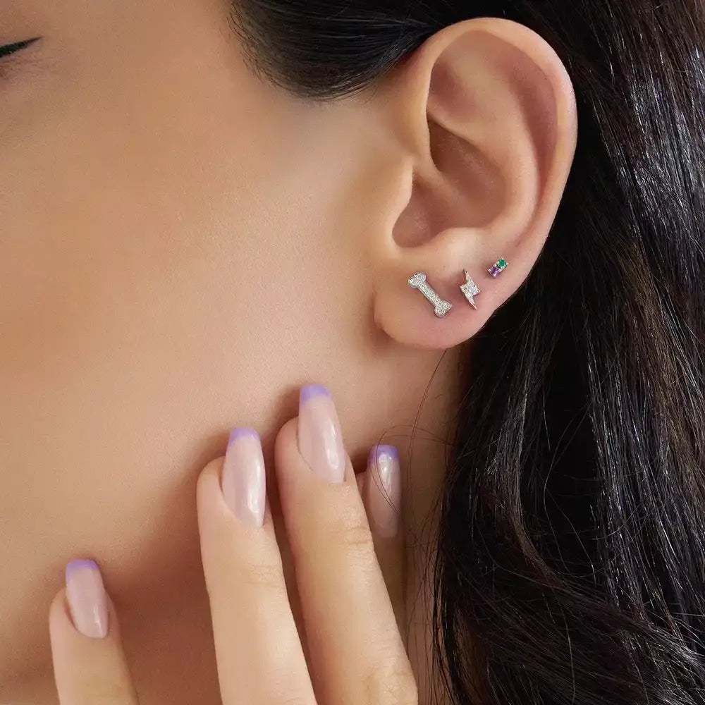 Bolt Pırlanta Taşlı Beyaz Altın Tek Küpe