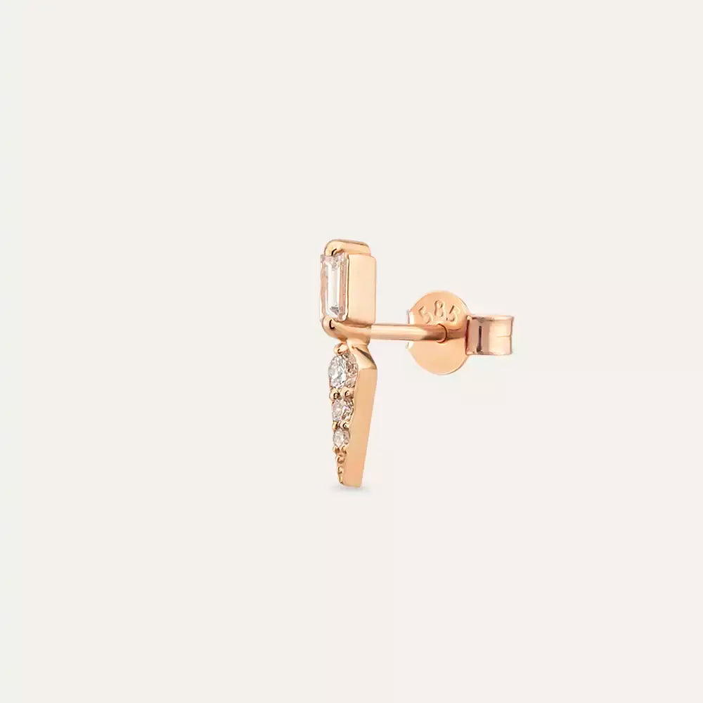 Flon Baget Kesim Pırlanta Taşlı Rose Altın Mini Tek Küpe