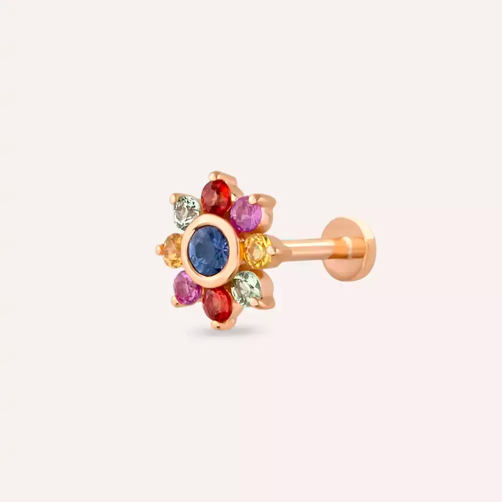 Floral Multicolor Safir Taşlı Rose Altın Piercing