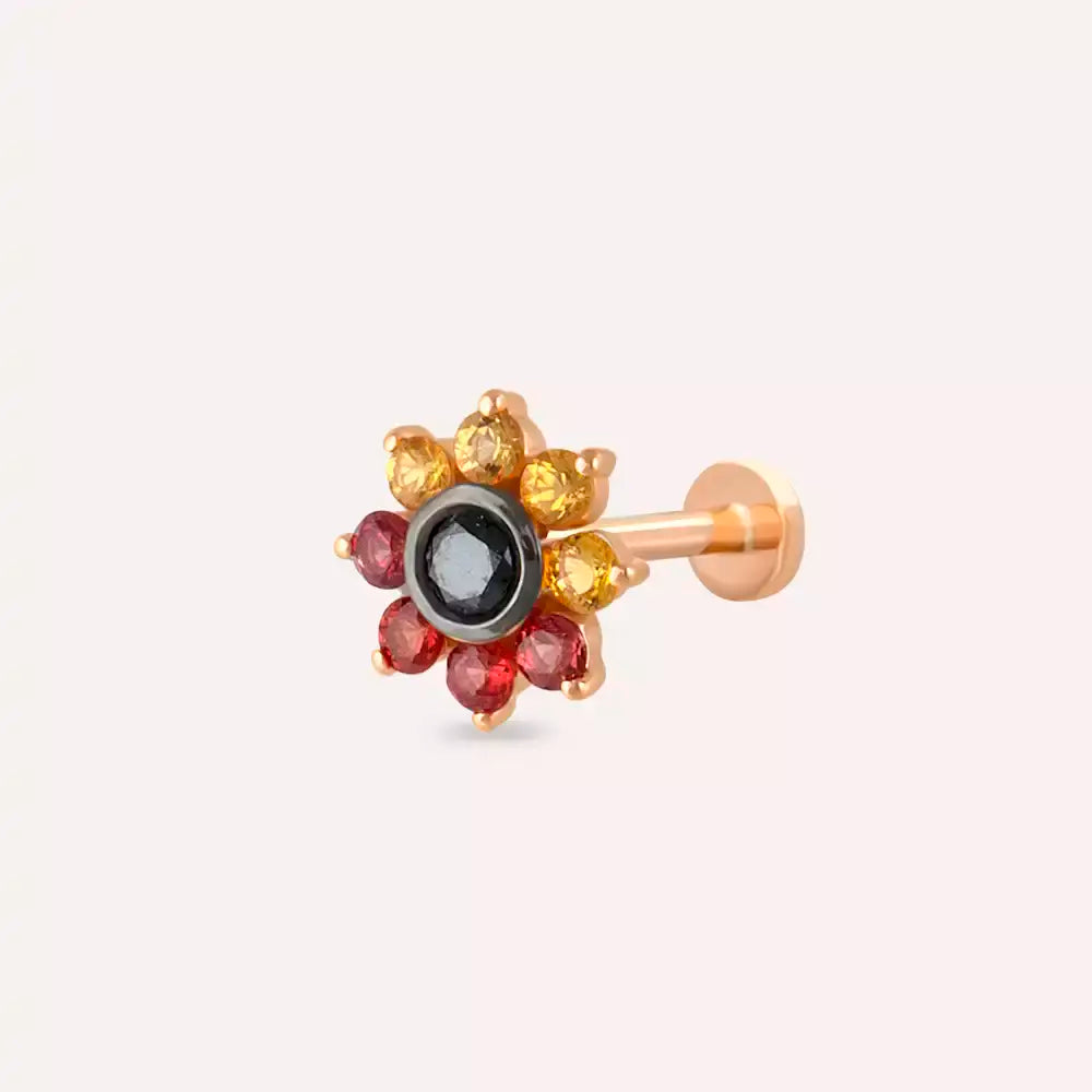 Floral Multicolor Safir ve Siyah Pırlanta Taşlı Rose Altın Piercing