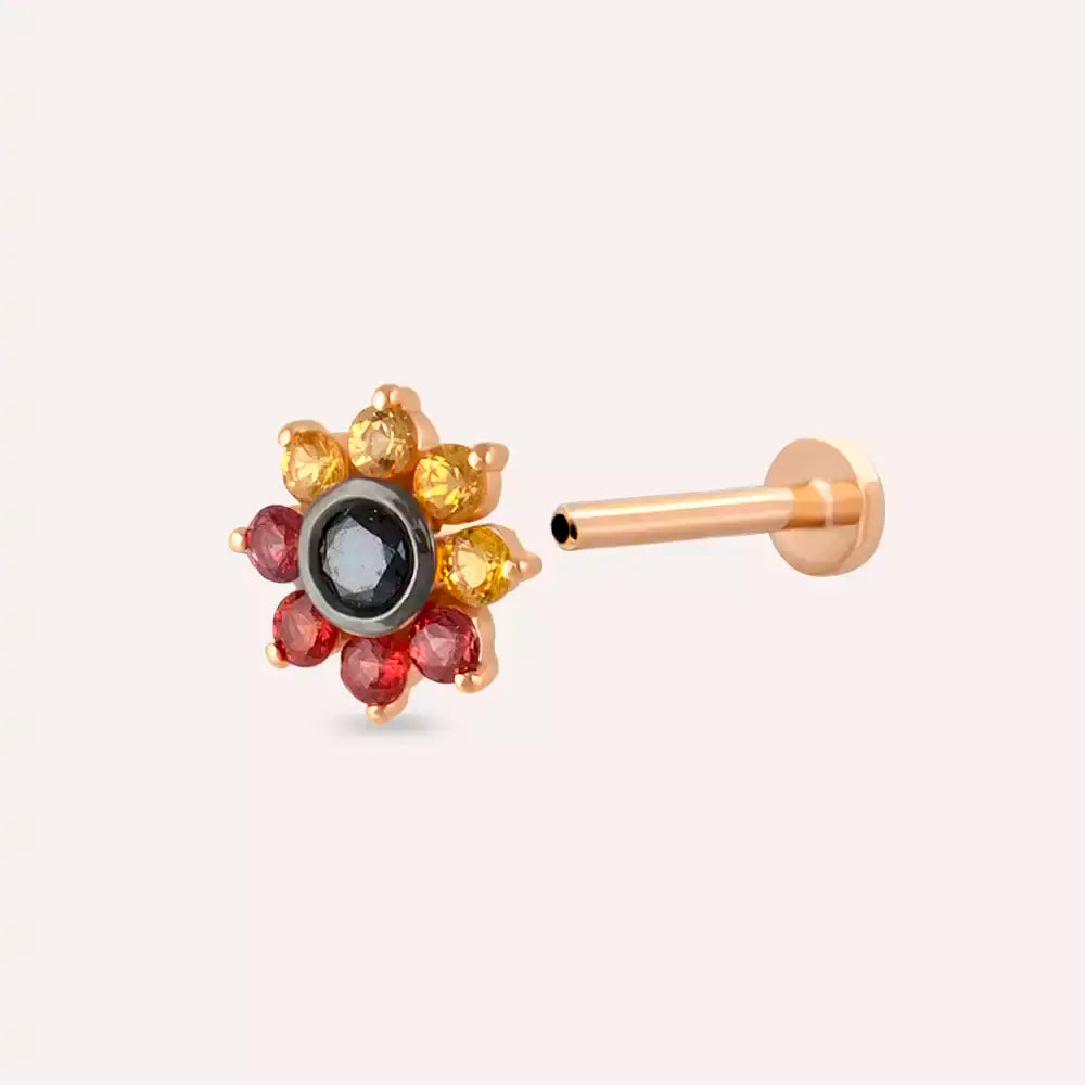 Floral Multicolor Safir ve Siyah Pırlanta Taşlı Rose Altın Piercing