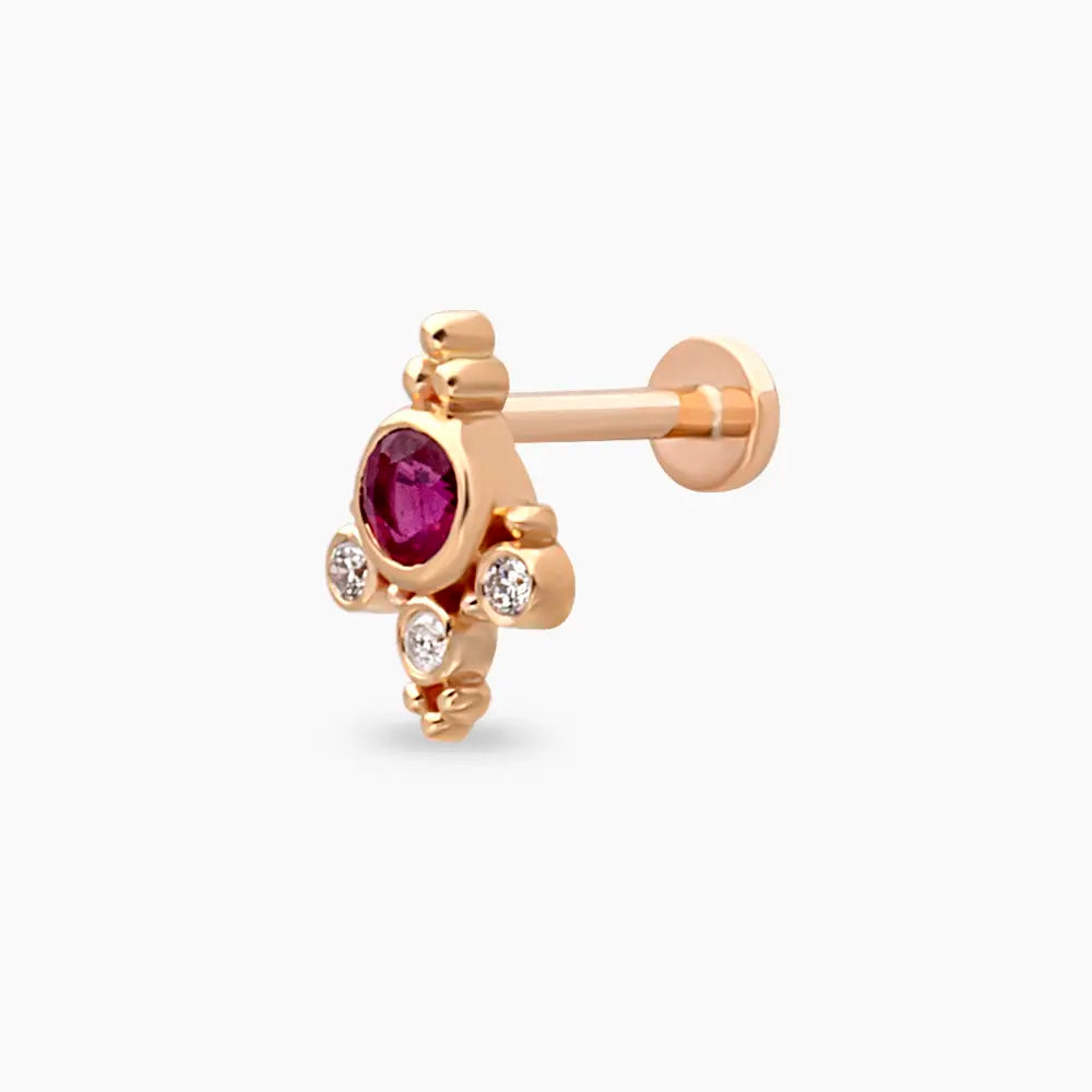 Flores Yakut ve Pırlanta Taşlı Rose Altın Piercing