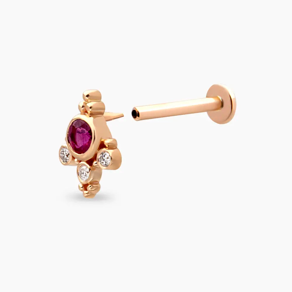 Flores Yakut ve Pırlanta Taşlı Rose Altın Piercing