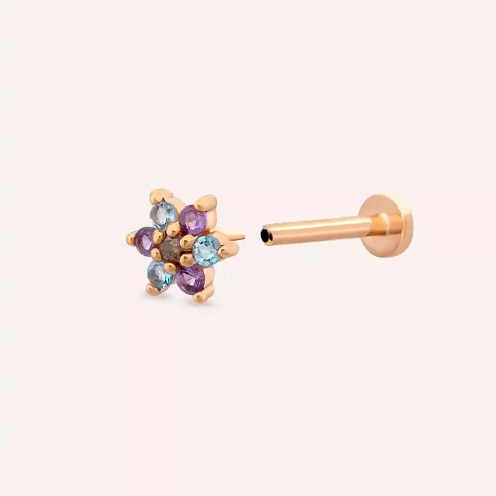 Florin Ametist ve Aquamarin Taşlı Rose Altın Piercing