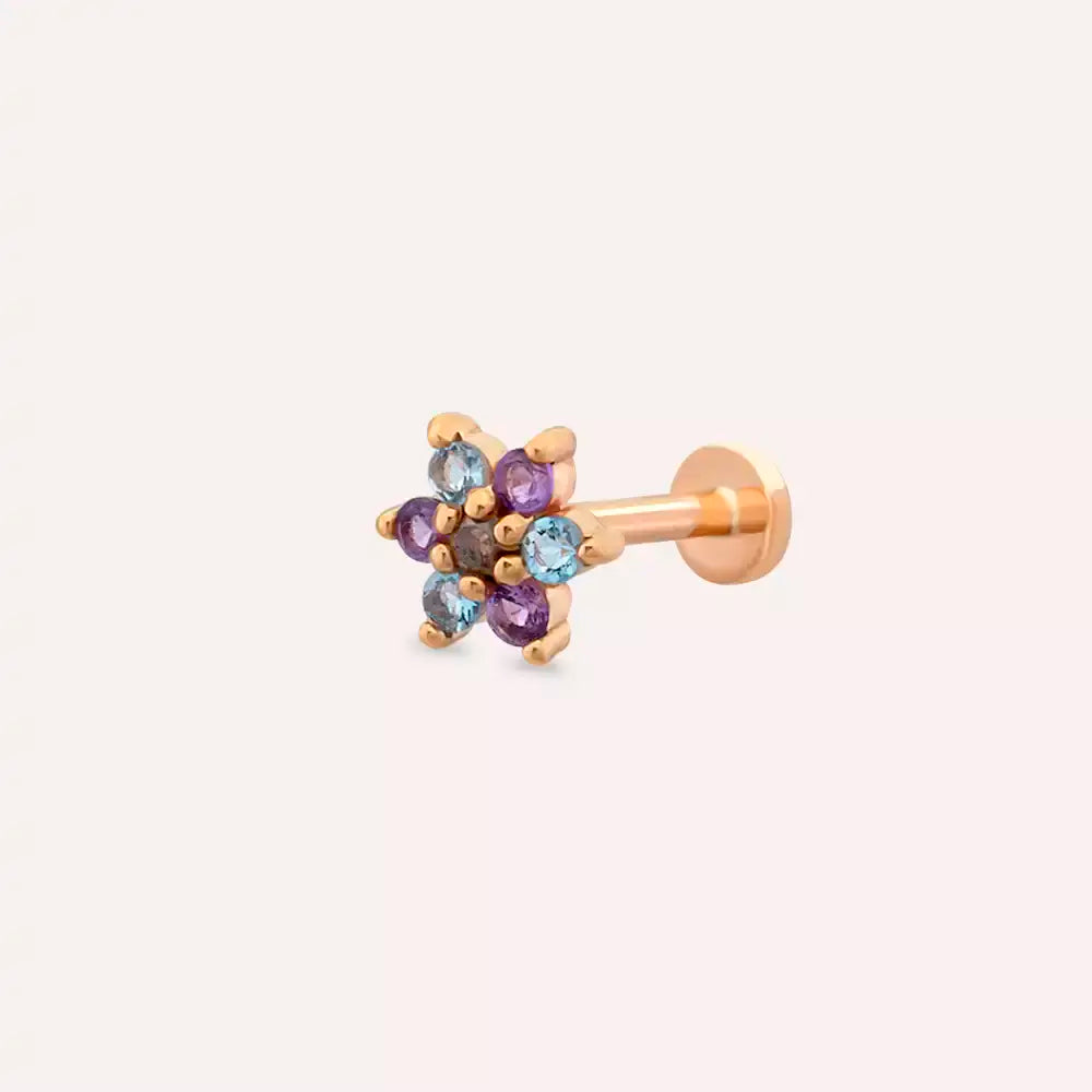 Florin Ametist ve Aquamarin Taşlı Rose Altın Piercing