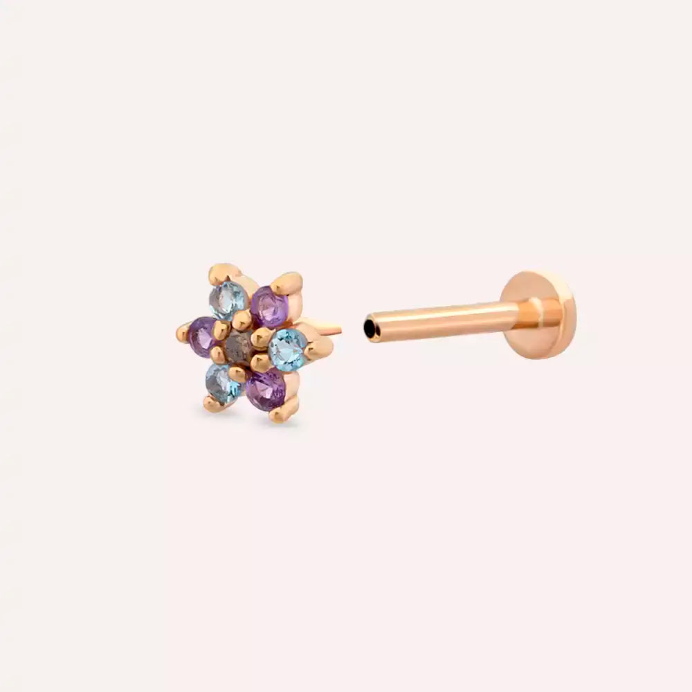Florin Ametist ve Aquamarin Taşlı Rose Altın Piercing