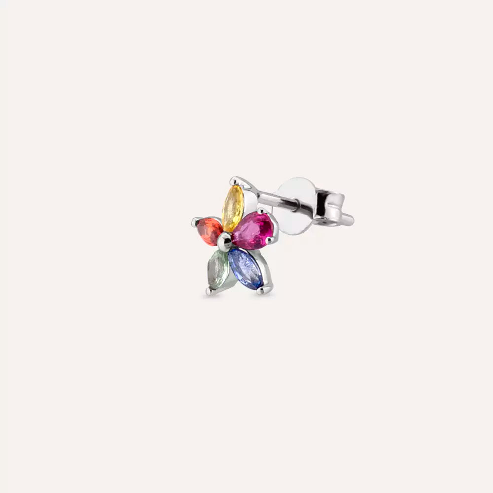 Flow Yakut ve Multicolor Safir Taşlı Beyaz Altın Tek Küpe