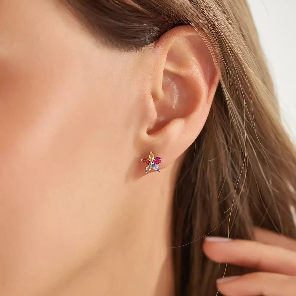 Flow Yakut ve Multicolor Safir Taşlı Beyaz Altın Tek Küpe